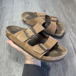 Birkenstock Sandals Womens 37 Arizona Slides Brown Leather Buckle Casual Flats