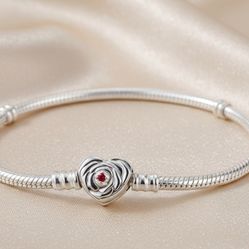 Pandora Style 925 Silver Bracelet – Sterling Silver Heart Rose Charm Bangle with Red Gem, Elegant Jewelry Gift for Women 