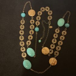 40” Goldtone /bronze Necklace With Turquoise Stones,by Liz Sophia 