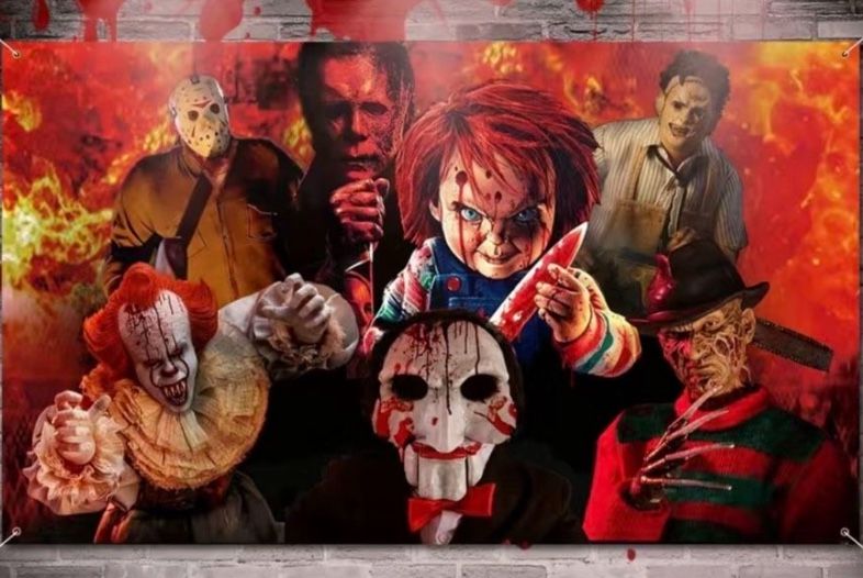 Classic Scary Movie Character Backdrop Banner for Halloween Party Decoration Trunk Or Treat Poster