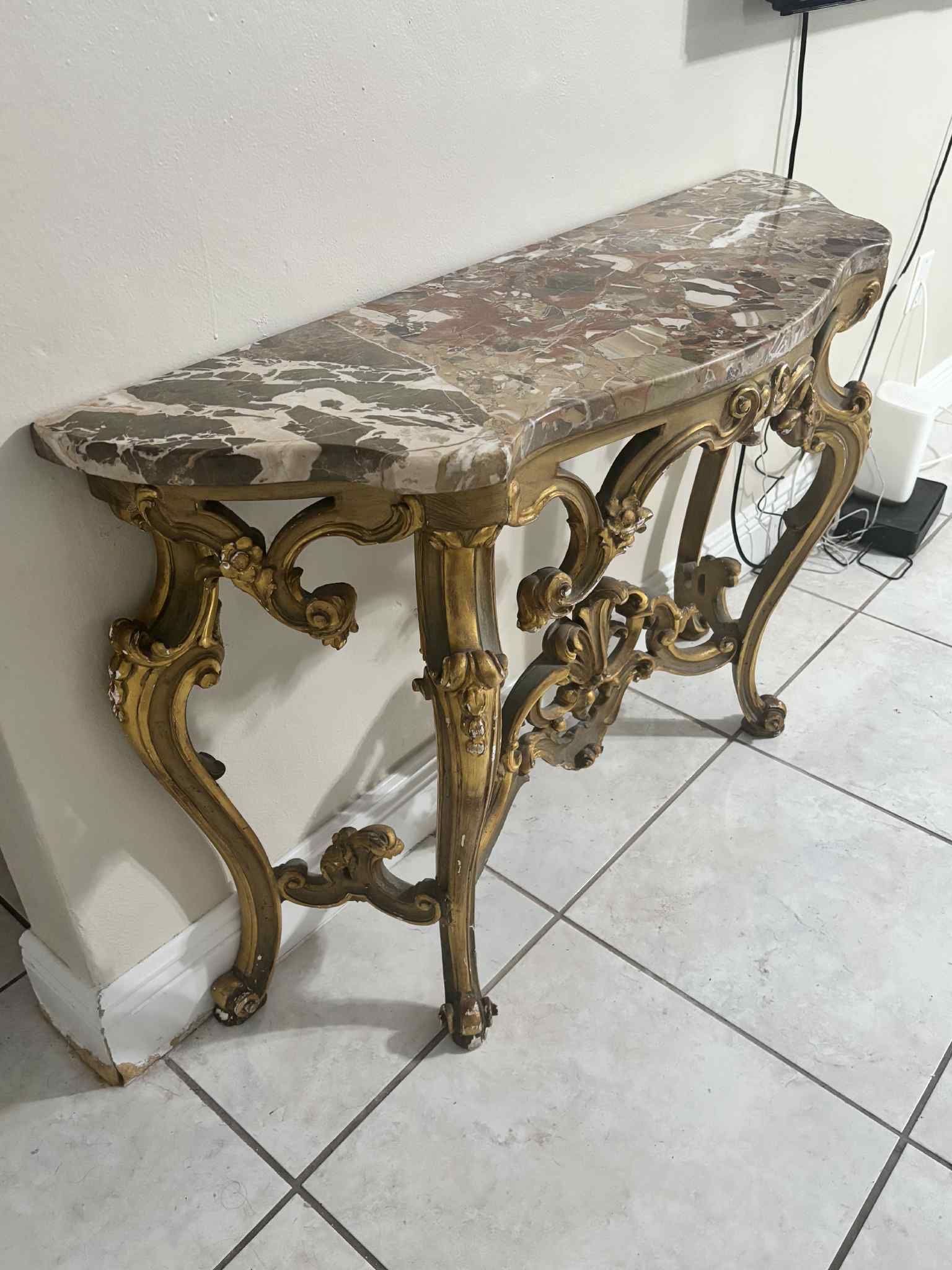 Antique Foyer Table With Marble Top 43”Lx13.5”Wx30”H