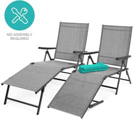 2pc Adjustable Folding Chaise Lounge Recliner Chair, Poolside Deck, Gray