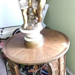 Vintage   Walnut Circular  Drum Cabinet  N August Moreau lamp titled “Innocents.”