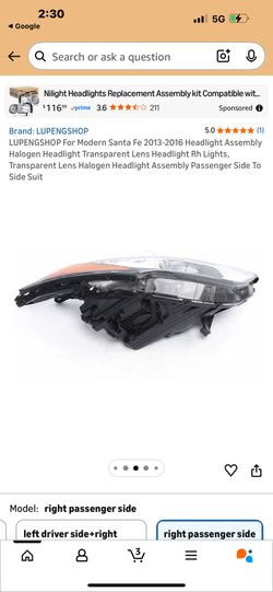 Modern Santa Fe 2013-2016 Headlight Assembly Halogen Headlight Transparent Lens Headlight Rh Lights, Transparent Lens Halogen Headlight Assembly Passe
