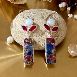 Spiny Copper Mix Stone, Garnet And Biwa Pearl 925 Sterling Silver Overlay Earrings