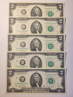 Uncirculated Set of 5 Two Dollar Bills