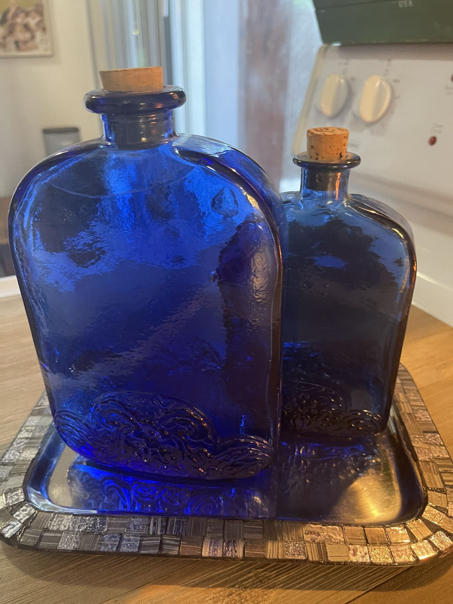 Floral Pattern Antique Cobalt Blue Glass Bottles (set Of Two) With Corks And In Mint Condition - Priced To Sell - 