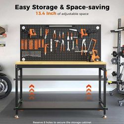 48" Heavy Duty Work Bench Adjustable Height Max Load 2000 LBS with Storage Shelf for Garage Workbench, Rubberwood Tabletop with Pegboard, LED Light, B