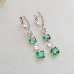 Emerald and Diamond Dangle Drop Earrings in 18K White Gold - E340❤️🤙 62 diamonds (4.30 ctw) 4 Emeralds (3.49 ctw) Color F-G Clarity VS1-SI1 For sell