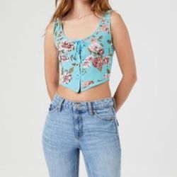 NWT Forever 21 Blue Cropped Knit Lace Up Vest Tank Top With Pink Roses 