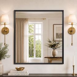 36x36 Inch Bathroom Mirror with Wood Grain Black Metal Frame