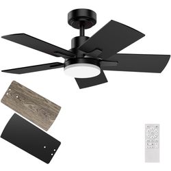 Ceiling Fan With Light 32-Inch, Remote Control Reversible DC Motors, 3CCT Dimmable Timer Noiseless, Black Small Compact Ceiling Fan for Bedroom Living