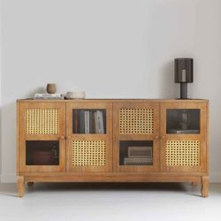 Rattan Sideboard Cabinet – Modern Buffet Storage Console (Natural Wood)