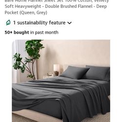 Bare Home Flannel Sheet Set 100% Cotton,  Soft Heavyweight - Double Brushed Flannel - Deep Pocket (Queen, Grey)