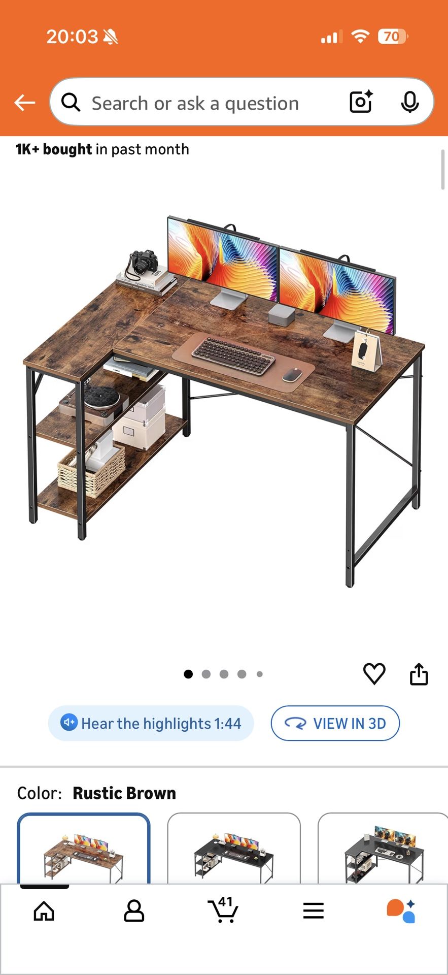 47 Inches L Shaped Desk, Computer Desk with Reversible Storage Shelves, for Gaming Corner Home Office Writing Study, Metal Frame, Rustic Brown