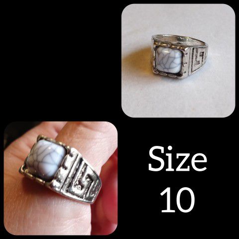 Tribal Silver Plated White Quartz Ring Size 10