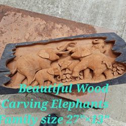 Beautiful  Thialand  Wood Carving Elephants Family Wall Hanging Size 27"×13"-$273.00