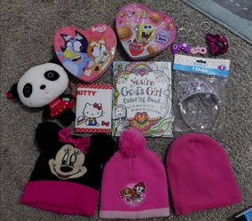 Girls beanies, wallet, tins, coloring book, purse