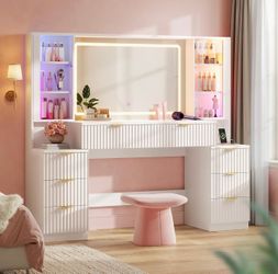 HAUOMS Big Vanity, Fluted Wood Makeup Vanity Desk with Mirror and Sound Sync LED Lights, Large Vanity Dressing Table, 8 Drawers, Charging Station for 