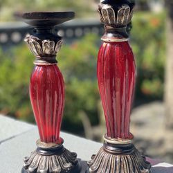Two Ruby Red Glass Art Deco Ornate Pillar Candle Holders Vintage 12” and 10”.