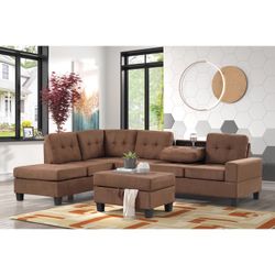 New 111 Inch Chocolate Sectional With Storage Ottoman And Drop Down Cup Holders 