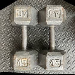 45 lb dumbbells dumbbell set 90 lbs total Cast Iron weights weight pair pounds pound 45lb 45lbs 90lb 90lbs