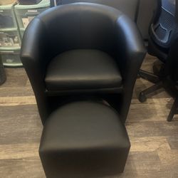 Black Faux Leather Barrel Chair with Matching Ottoman