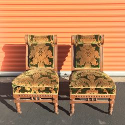 Hand Carved Nutwood Louis Chair Green Velvet Upholstered Original Antique Pair
