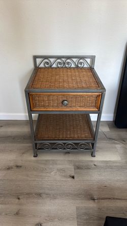 Wicker and Metal Nightstand End Table