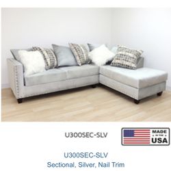 New Sectional Silver With Nail Trim Pillows Included 