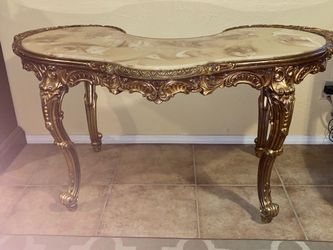 VERY BEAUTIFUL VINTAGE FRENCH CONSOLE  TABLE  MARBLE TOP  WITH 1  ACCENT TABLE 1 CHAIR..COLLECTION ITEM  RARE ITEM TO FIND