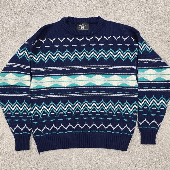 Aspen Lid Men Wool Blend Sweater Size Large Blue Geometric Knit Après Ski Retro 