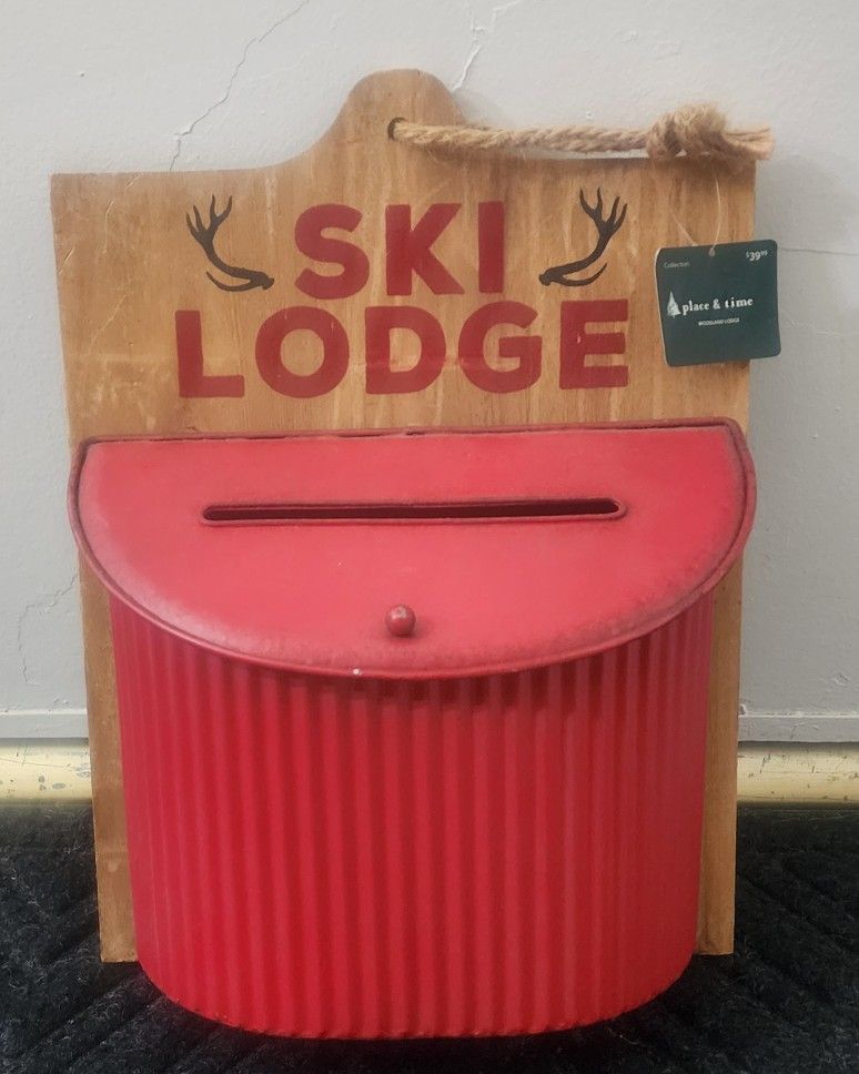 Rustic Metal & Wood Mailbox Ski Lodge Decor Winter Christmas Deorative Wall Decor