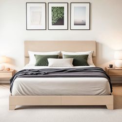 Queen Size Beige Fabric Upholstered Bed Frame with Adjustable Headboard, No Box Spring Needed, Low