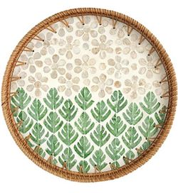 Round Rattan Tray 35cm Serving Tray Forest Green Pearl Woven Decor NEW
