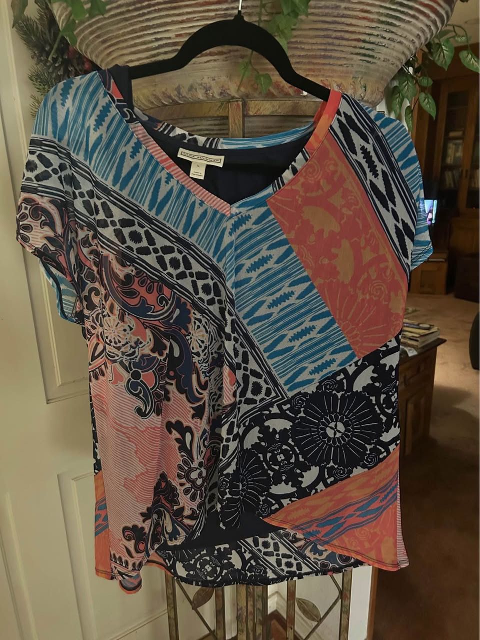 Dana Bachman Patchwork Patterned Blouse/W/Top Navy underneath attached - L