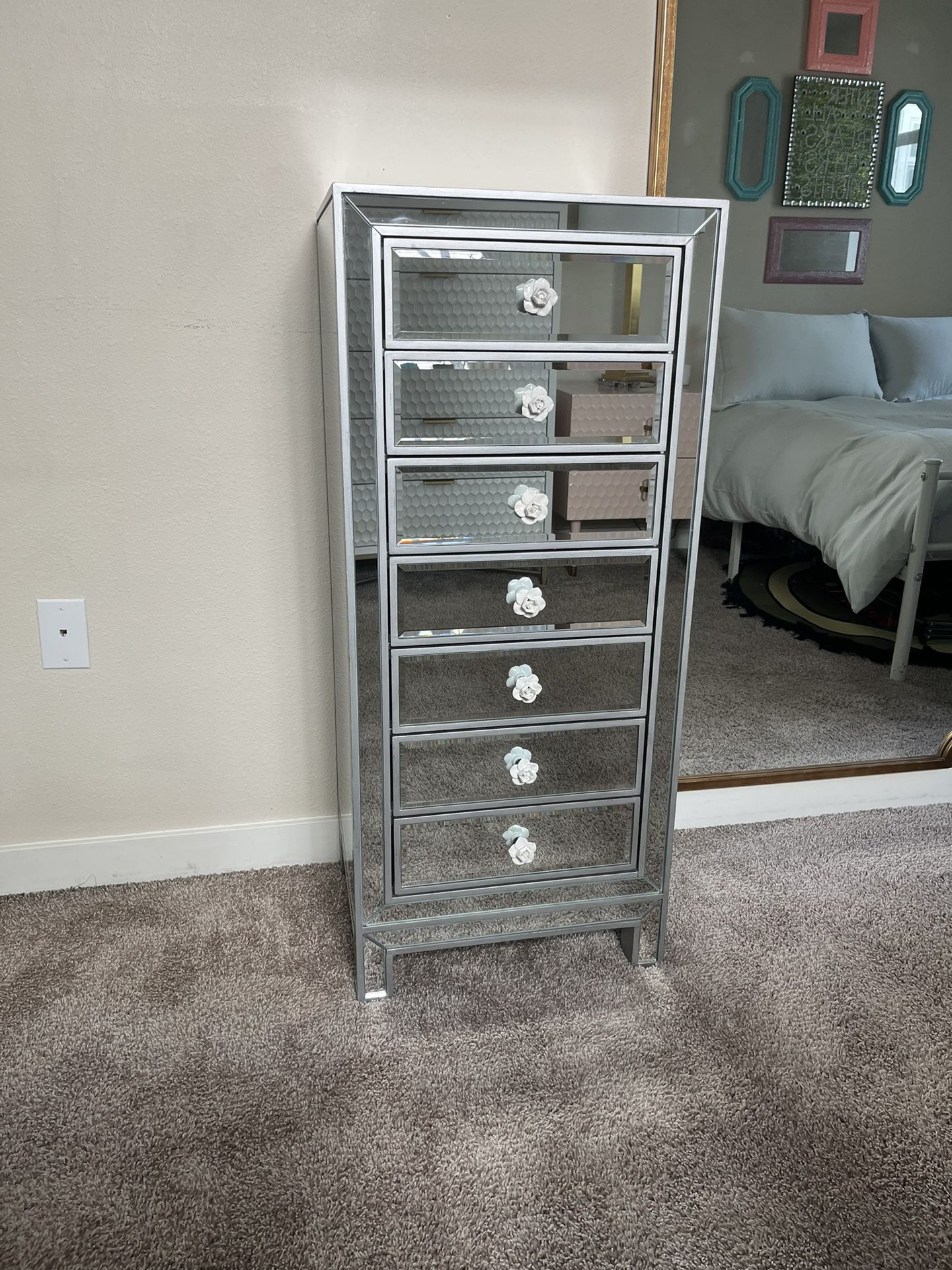 Silver Mirror 7 Drawer Lingerie Chest With Both Original Glass Handles And Ceramic Rose Handles