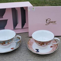 New Set of 2 Porcelain Butterfly Tea Cups by Grace Tea Ware in Pink Gift Box.