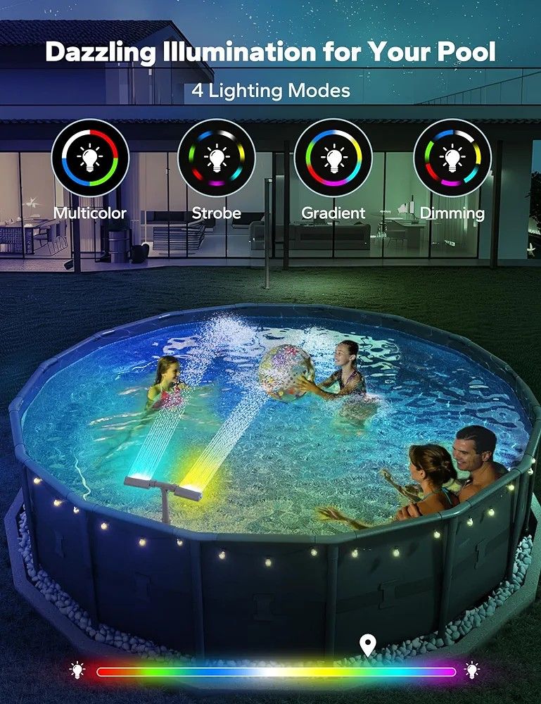 Pool Fountain with 7-Color LED Lights, Above/Inground Pool Fountain Lights with Remote Control, Adjustable Pool Sprinkler Fountain with Dual Spray Hea