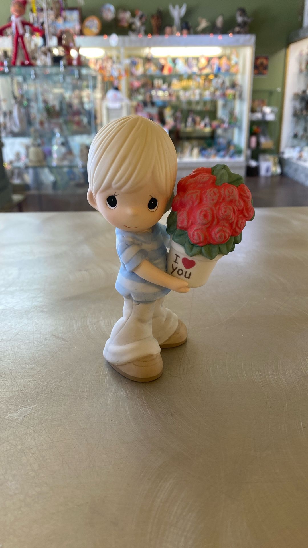 Precious Moments Boy Holding “I Love You” Flowers Pot
