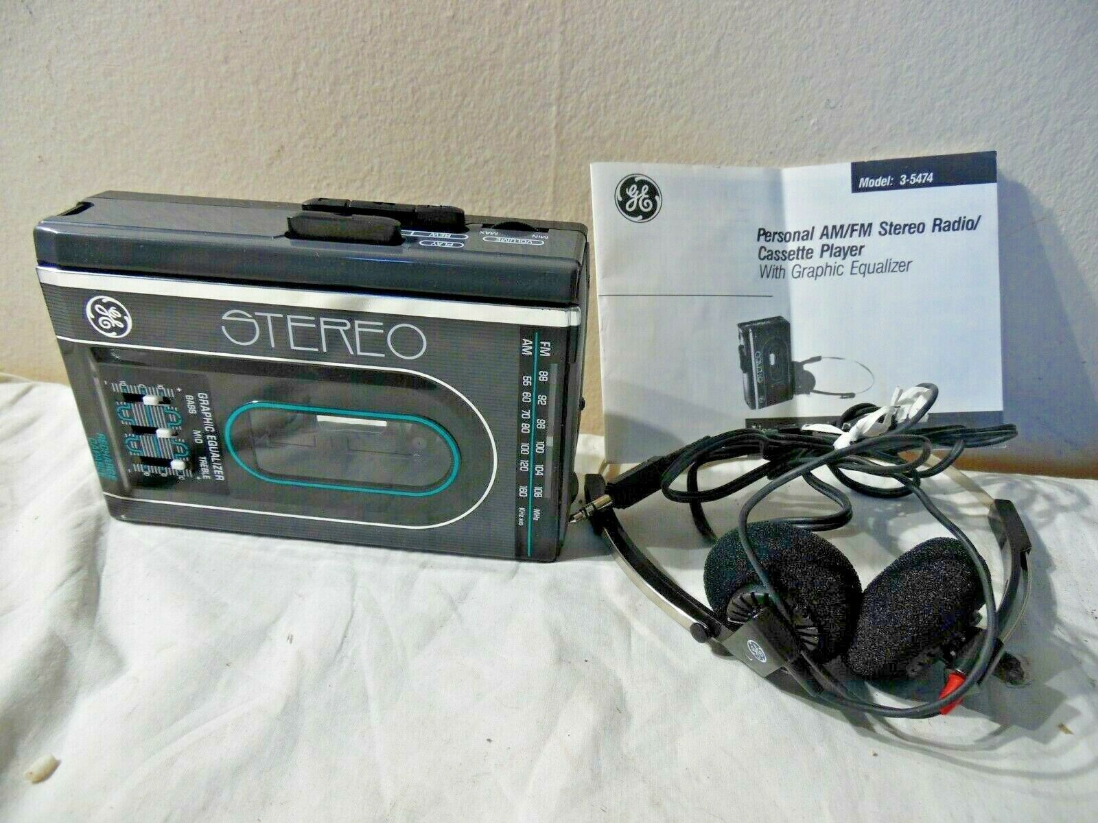 GE 3-5474 VTG Portable Personal AM/FM Stereo Cassette Tape Player W/ Headphones