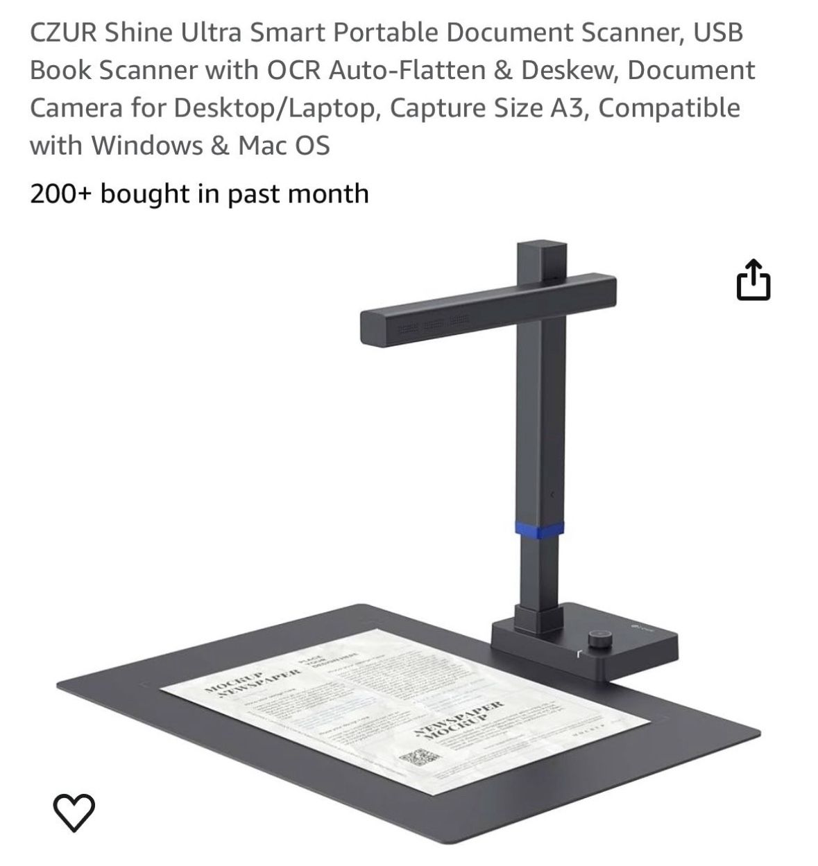 CZUR Shine Ultra Smart Portable Document Scanner, USB Book Scanner with OCR Auto-Flatten & Deskew, Document Camera for Desktop/Laptop, Capture Size A3