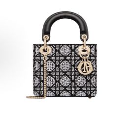 Dior Lady Dior brand logo rattan plaid embroidery beaded silver rhinestone cotton one-shoulder handbag mini women's black(49)87