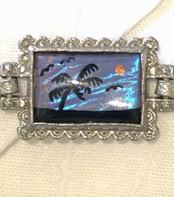 Antique Art Deco Sterling Silver Butterfly Sunset Palms Panel Bracelet 7.25”