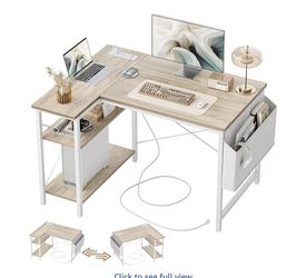 L-Shaped Desk with Outlets, Shelves, Storage- NEW