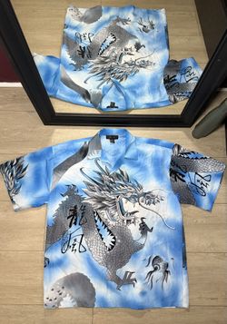 Y2K 2000s Blue Dragon All Over Print Button Down Shirt