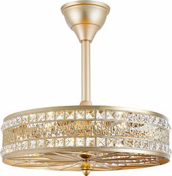 Fandelier Ceiling Fan with Light,Gold Crystal French Glam Drum Chandelier Fan, Decorative Elegant Caged Bladeless Hanging Pendant Light Fixture for Gi