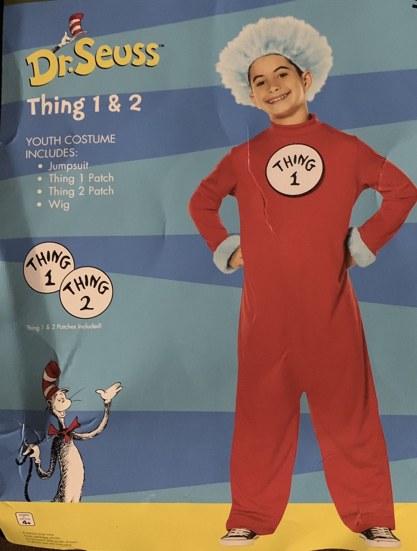 New Dr Seuss Thing 1 and 2 boy or girl size XL (14/16) red jumpsuit and blue wig costume - missing white Thing One and Thing Two patches