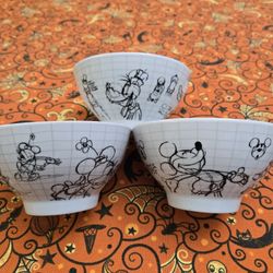 Disney Mickey, Minnie & Goofy Sketchbook Ceramic Cereal Soup Bowls Set Of 3 NWT 