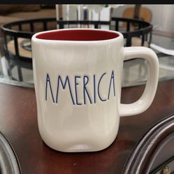 Rae Dunn “AMERICA” White Mug With Red Inside & Blue Letterings